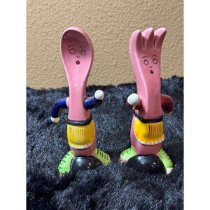 Vintage Ceramic Anthropomorphic Running Spoon & Fork  Salt And Pepper Figurines